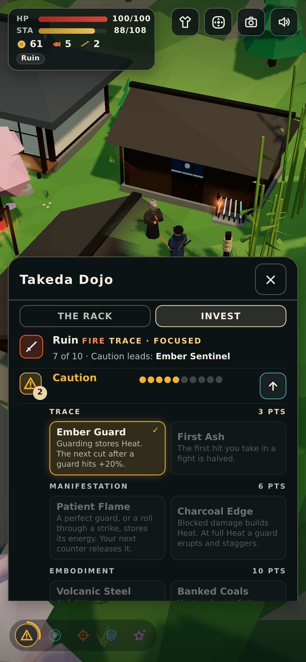 Takeda's dojo sheet: investing persona points into the Ruin blade, with Ember Guard chosen.