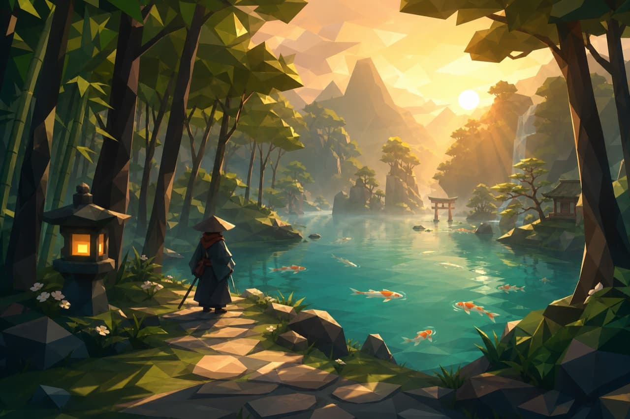 A wanderer in a straw hat stands on a stone path at the edge of a koi lake at dawn, a torii gate in the water beyond.